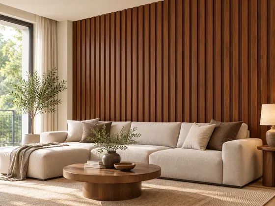 Ảnh minh họa: Lam sóng nhựa giả gỗ 3 sóng màu nâu ấm được ốp làm điểm nhấn sau sofa.