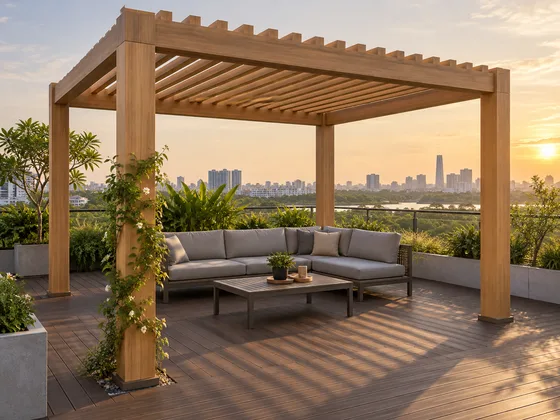 Ảnh minh họa: Pergola gỗ nhựa màu vàng mật ong trên sàn sân thượng nâu cà phê.