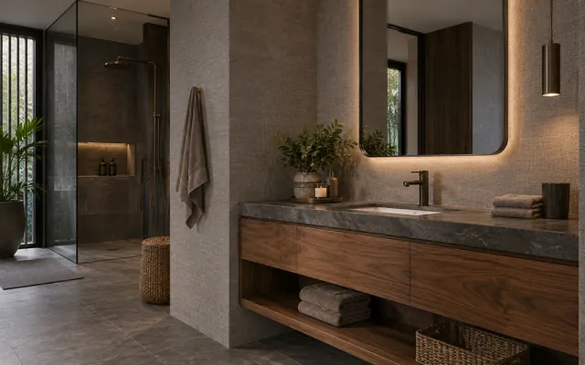 Khu lavabo với vách nhựa vân vải xám, tủ gỗ nâu và phụ kiện màu than theo mẫu Hanawood