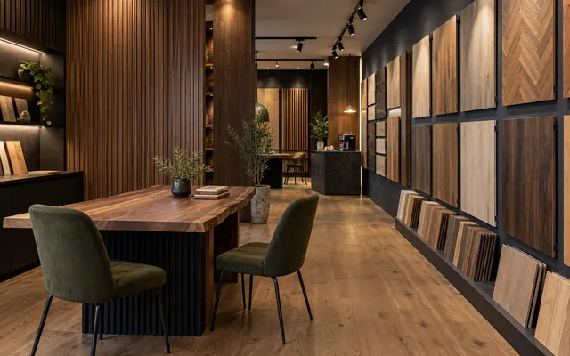 Showroom vật liệu với tường gỗ lam, bảng mẫu sàn và nội thất tông gỗ ấm
